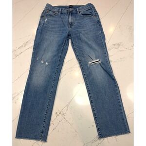 GAP Denim Girlfriend Straight Leg Jeans Ripped Distressed Raw Hem Blue Size 4/27
